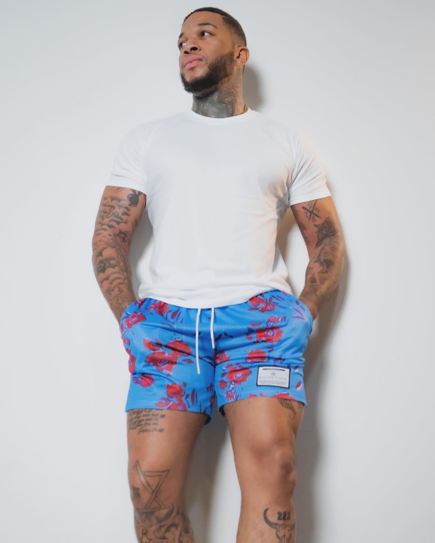 Blue and Red Floral Mesh Shorts